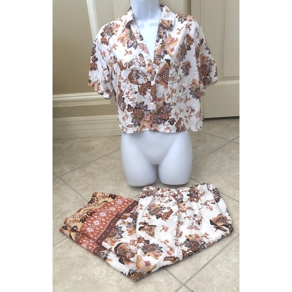 RACHEL Rachel Roy Pants - Rachel Roy 2-Piece Set White Floral Top & Wide Leg Crop‎ Pants Linen Blend Sz M